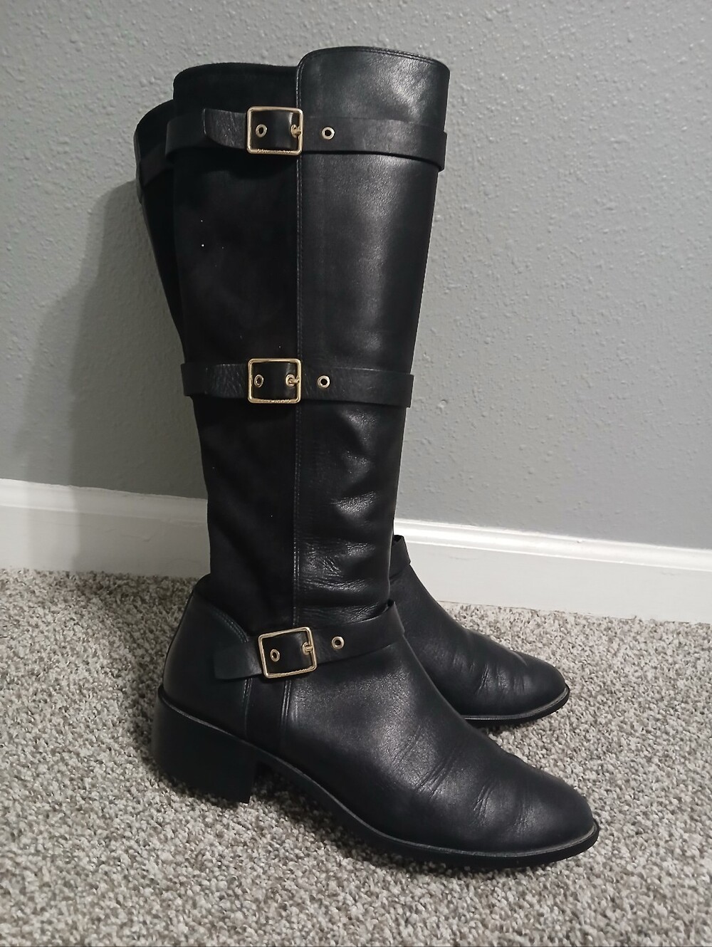 Cole Haan Black Leather Over-the-Knee Boots with Gold Buckle Accents Size 9B